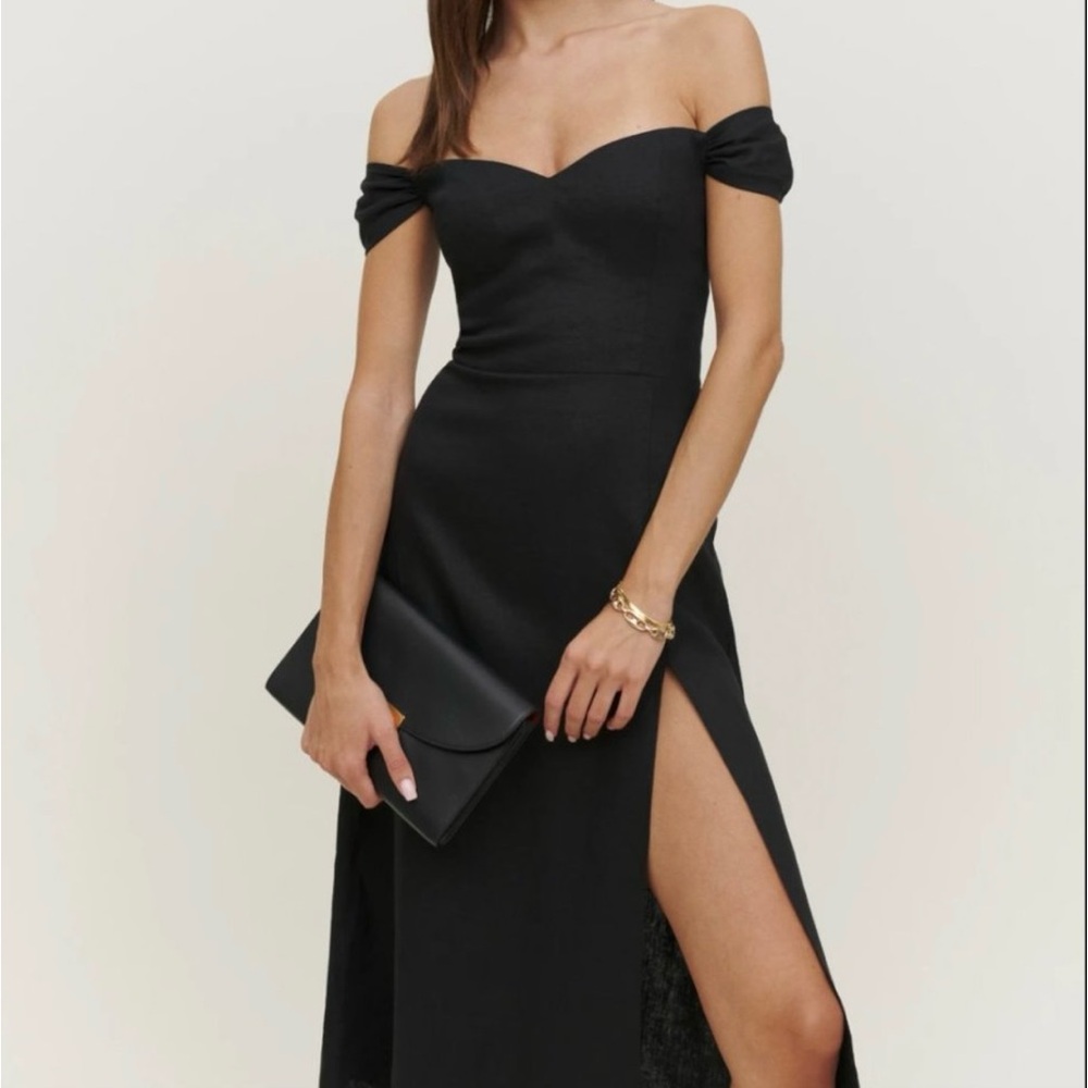 Reformation Bridgton Black Linen Dress off the shoulder 2